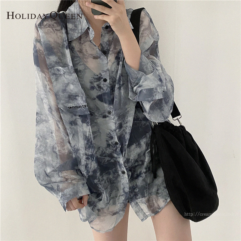 HolidayQueen Tie-Dye Shirt Spring Top Women's Design Small Long Sleeve Sunscreen Shirt Retro Loose Thin Port-Style Shirt Women Free Shipping HQ1707