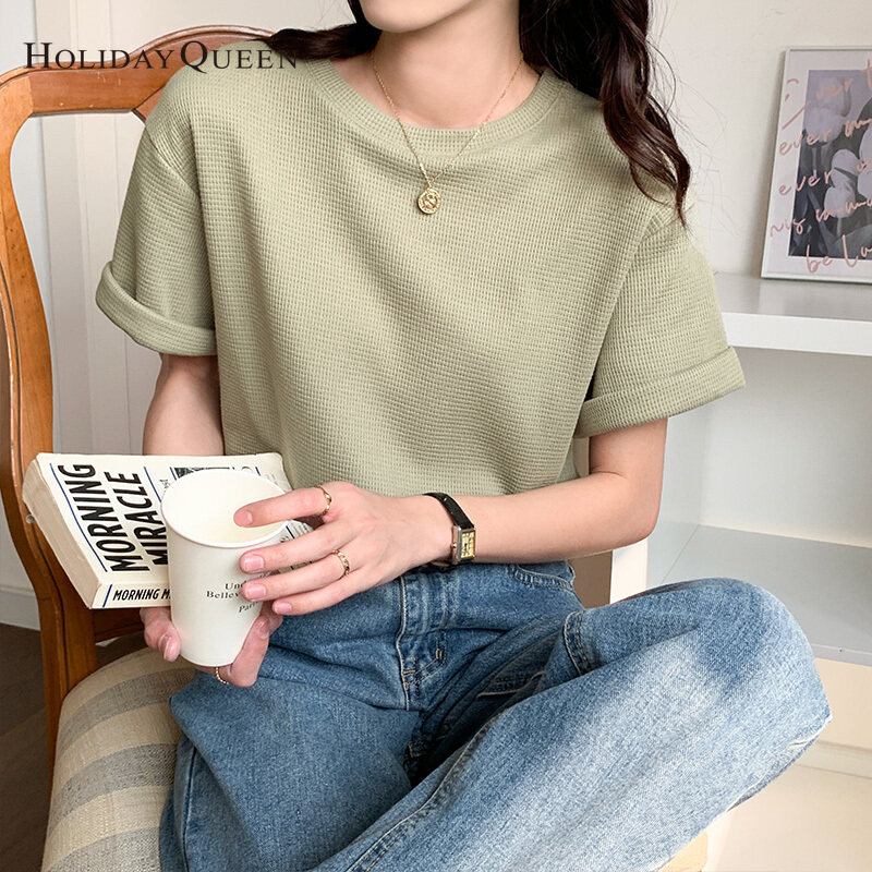 HolidayQueen Matcha Green Short-sleeved T-shirt Women's Korean Version Summer New Waffle Loose All-match Top S M L XL Free Shipping HQ1261